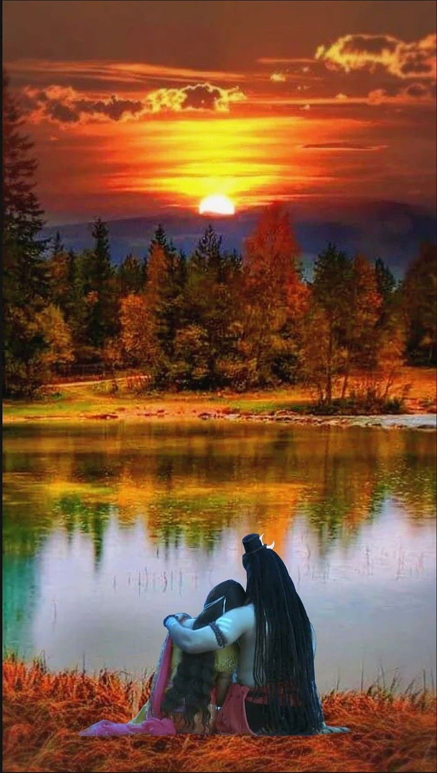 Shiva and Parvati Embracing by a Lake at Sunset HD phone wallpaper