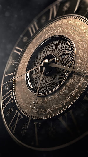 Close-up of an ornate antique clock face with Roman numerals and intricate gold detailing HD phone wallpaper