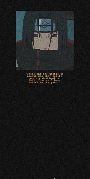 Itachi Uchiha Anime Portrait with Reflective Quote on Dark Background HD phone wallpaper