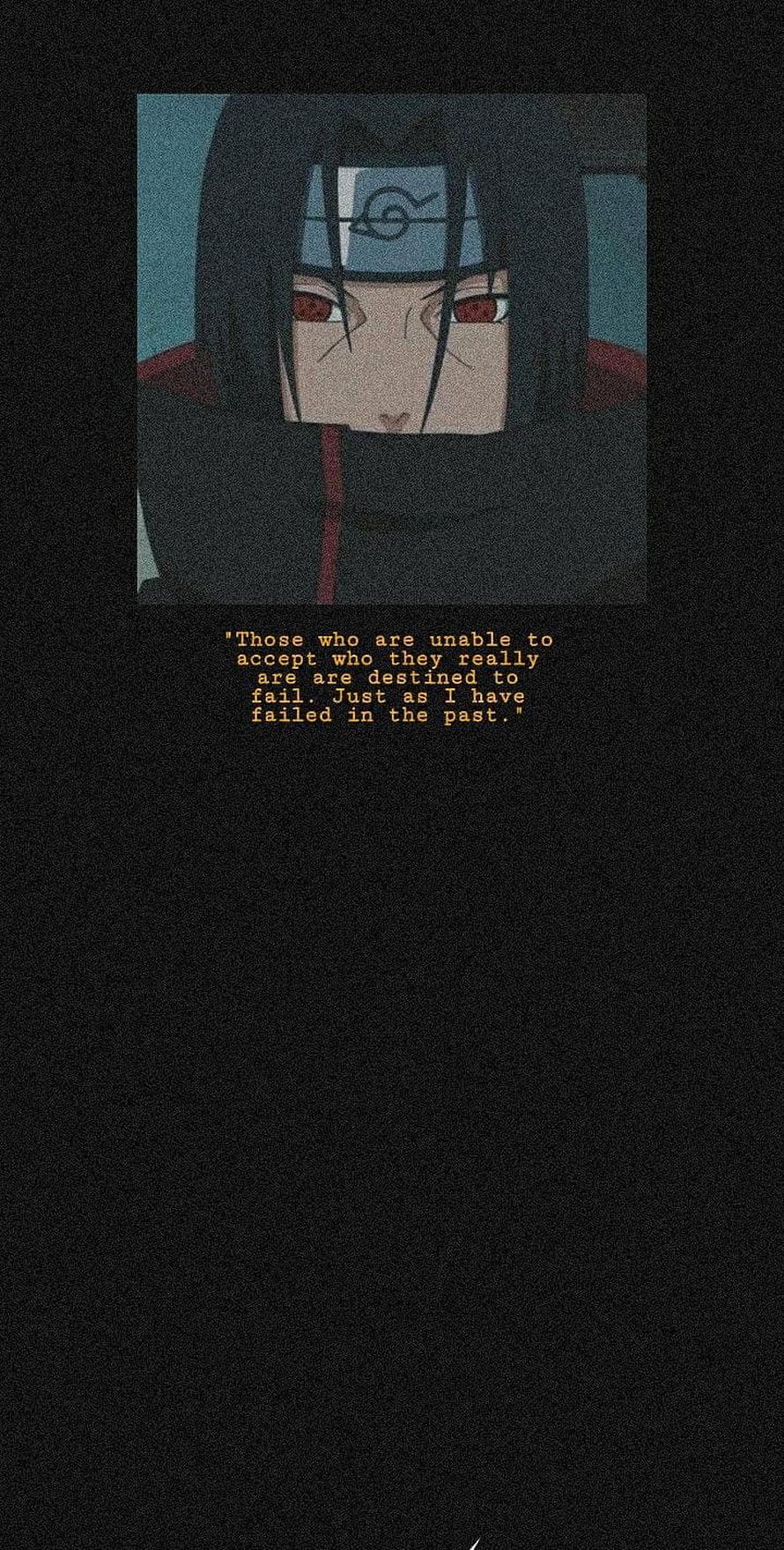 Itachi Uchiha Anime Portrait with Reflective Quote on Dark Background HD phone wallpaper