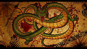 Green Eastern Dragon Coiled on Grunge Texture with Red Splatter and Floral Accents HD wallpaper