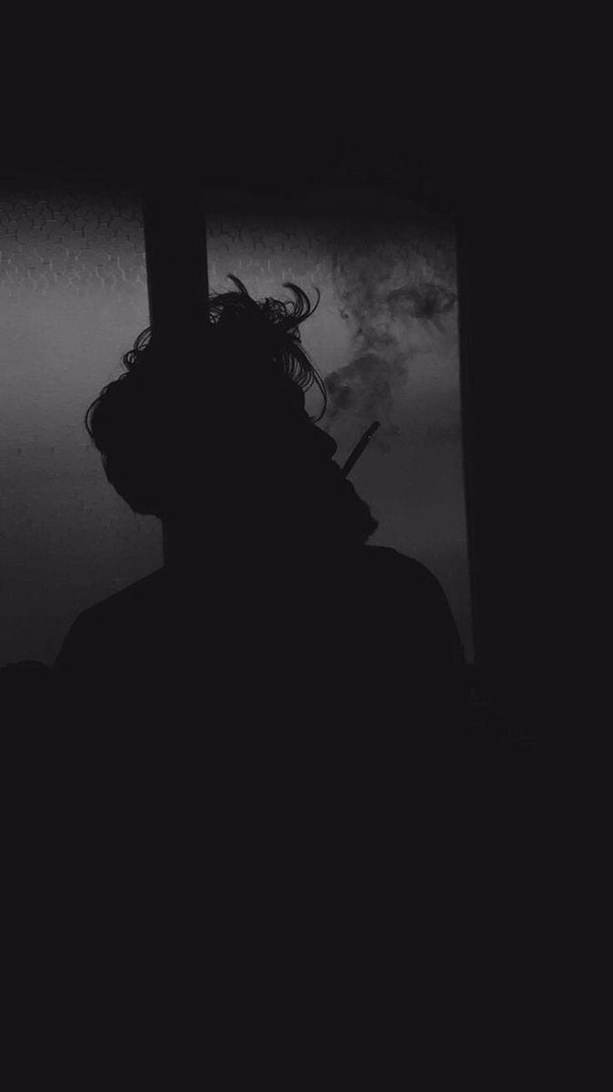 Moody Black and White Silhouette of a Young Man Smoking in a Dark Room HD phone wallpaper
