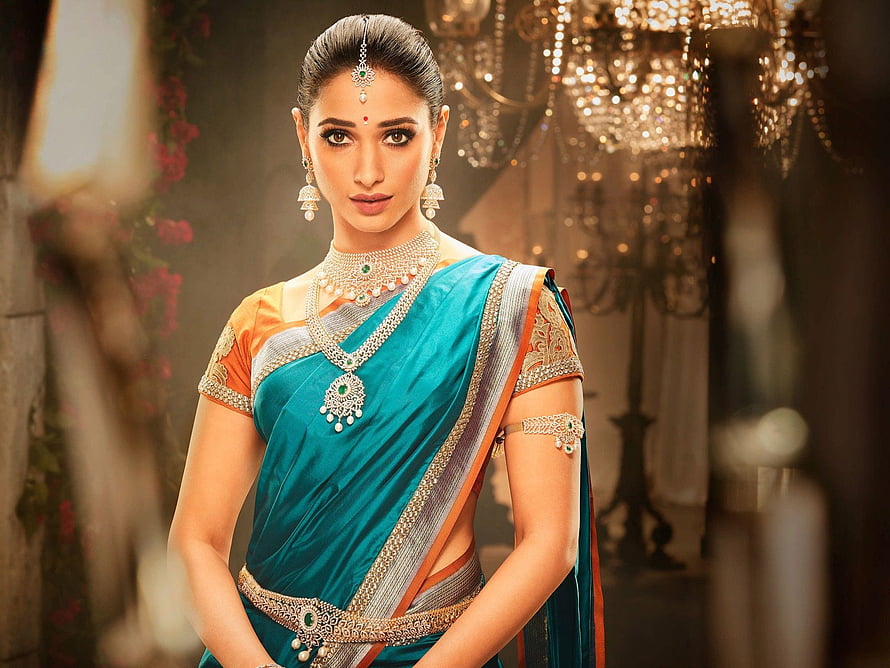 Tamanna Bhatia in Traditional Indian Saree with Ornate Jewelry HD wallpaper