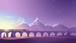 Pastel Purple Minimalist Landscape with Snowy Mountains, Train Viaduct, and Starry Night Sky HD wallpaper
