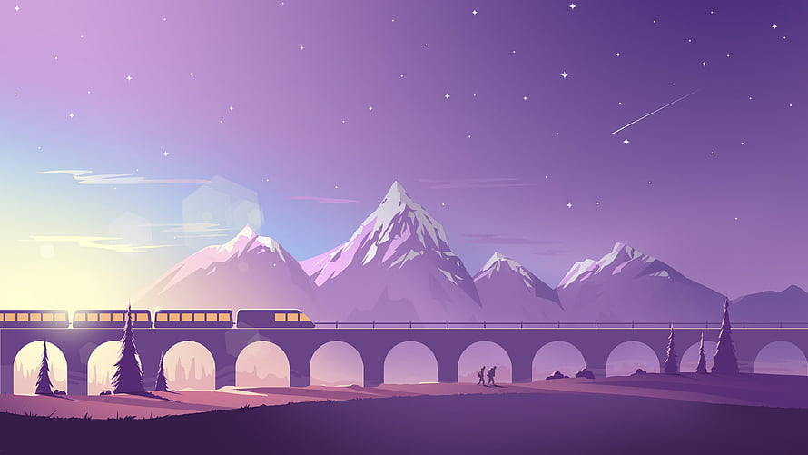 Pastel Purple Minimalist Landscape with Snowy Mountains, Train Viaduct, and Starry Night Sky HD wallpaper