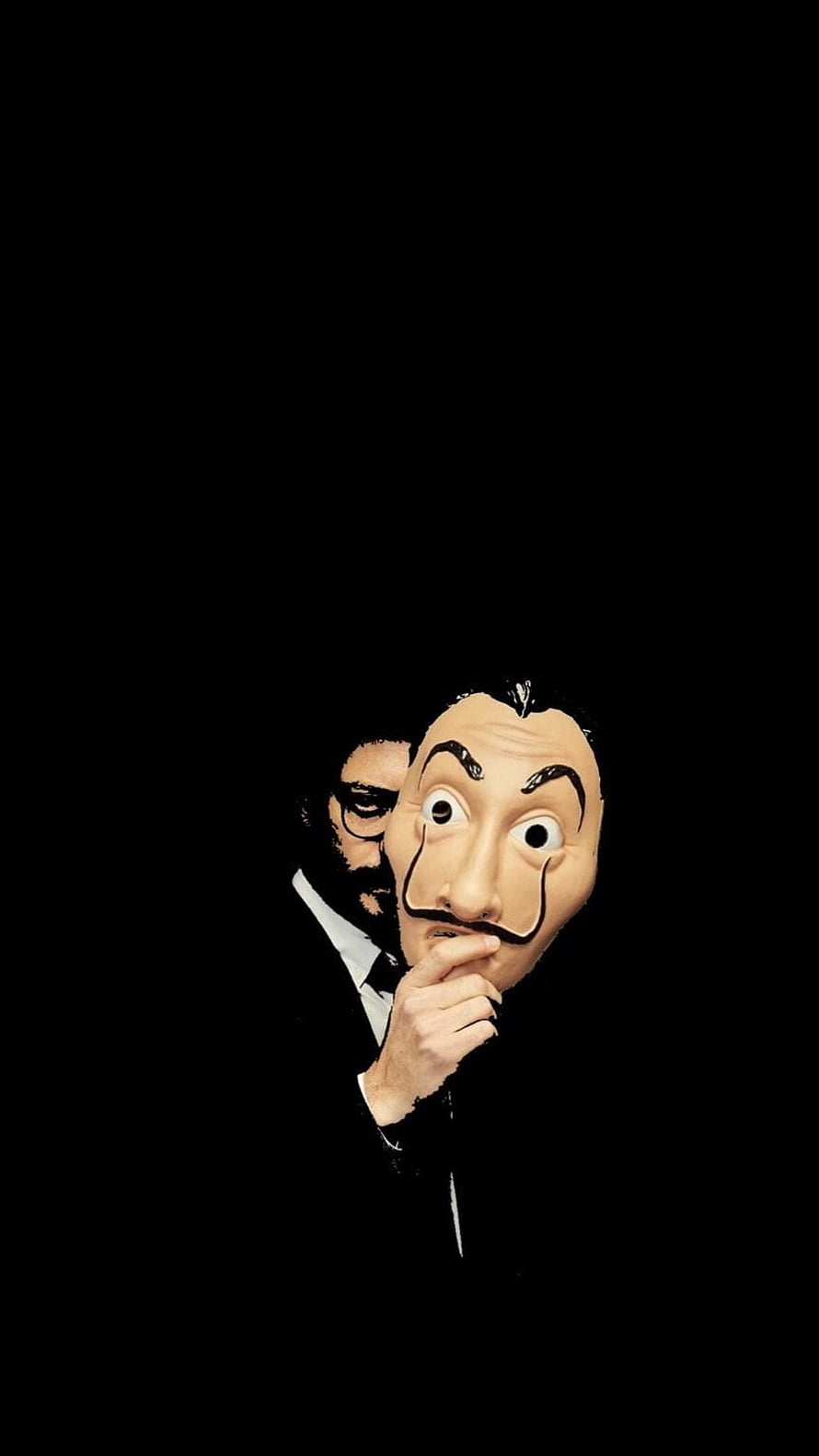 The Professor from Money Heist Wearing a Dalí Mask Against a Black Background HD phone wallpaper