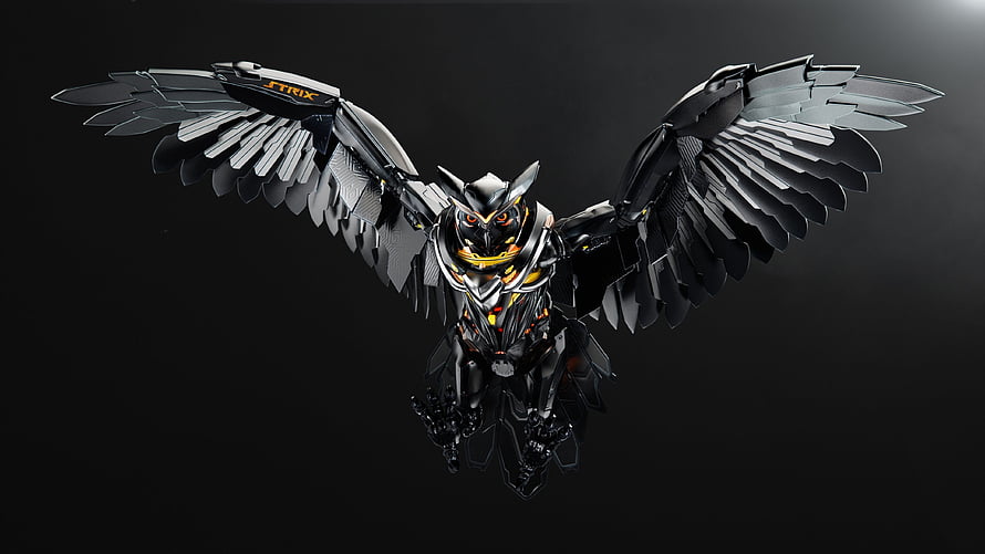 Asus Strix Mechanical Owl with Spread Wings and Glowing Orange Accents HD wallpaper