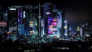 Cyberpunk 2077 Night City skyline with neon holographic billboards and futuristic skyscrapers at night HD wallpaper