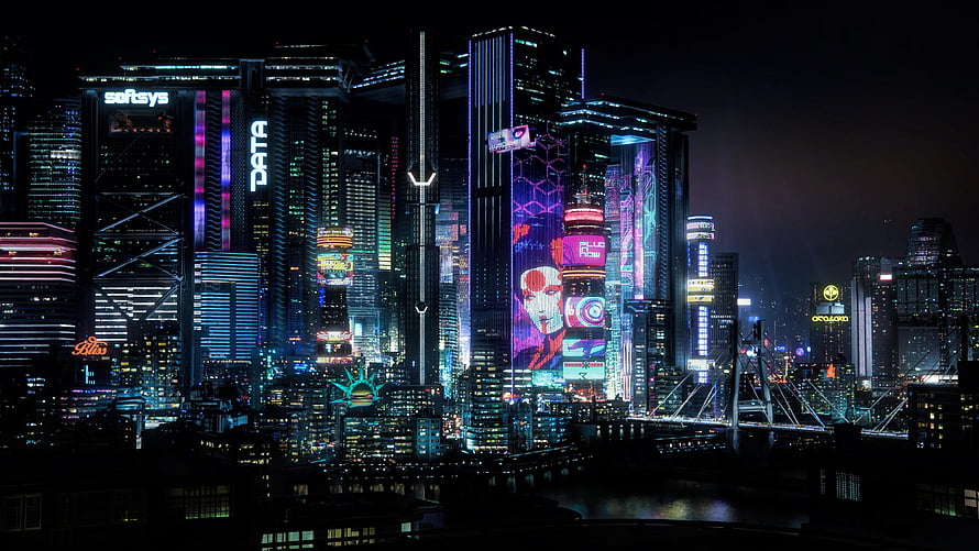 Cyberpunk 2077 Night City skyline with neon holographic billboards and futuristic skyscrapers at night HD wallpaper