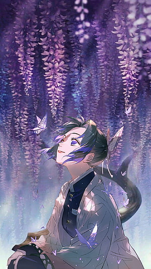 Demon Slayer Anime Character Under Purple Wisteria Blossoms With Floating Butterflies HD phone wallpaper