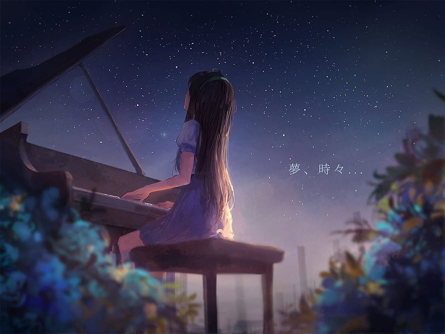 Anime Girl Playing Piano Under Starry Night Sky with Blue Flowers HD wallpaper