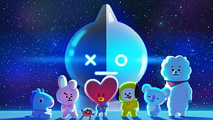 BT21 Characters Standing Before a Glowing Cosmic Orb in a Starry Night Sky HD wallpaper