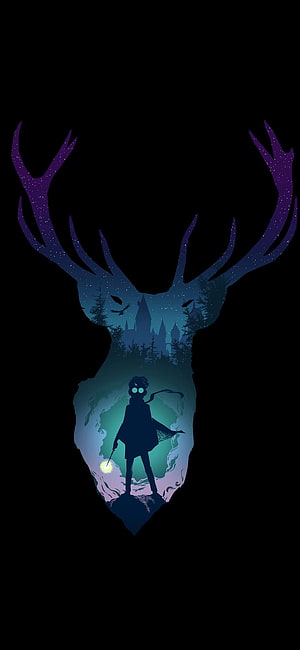 Harry Potter Patronus Stag Double Exposure Artwork with Hogwarts Castle Silhouette HD phone wallpaper