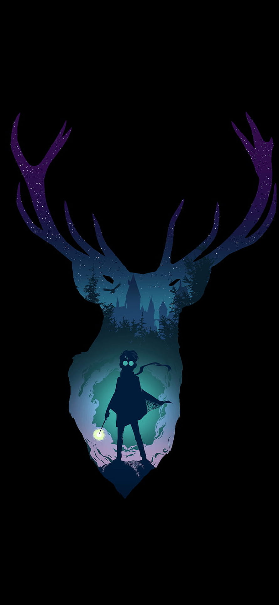 Harry Potter Patronus Stag Double Exposure Artwork with Hogwarts Castle Silhouette HD phone wallpaper