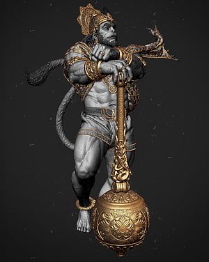 Hanuman 3D Sculpture with Golden Mace and Ornate Crown HD phone wallpaper