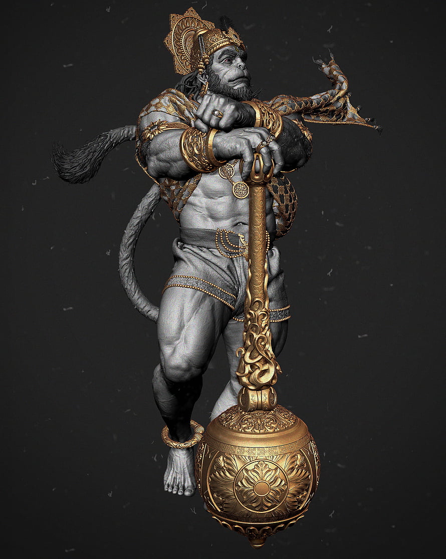 Hanuman 3D Sculpture with Golden Mace and Ornate Crown HD phone wallpaper