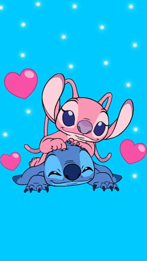 Stitch and Angel Cuddling with Hearts and Sparkles on a Bright Blue Background HD phone wallpaper