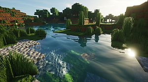 Minecraft RTX Realistic Water Reflections and Lush Green Landscape HD wallpaper