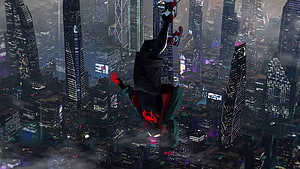 Miles Morales Spider-Man Swinging Over a Rainy Night Cityscape, Spider Man Miles Morales Live HD wallpaper