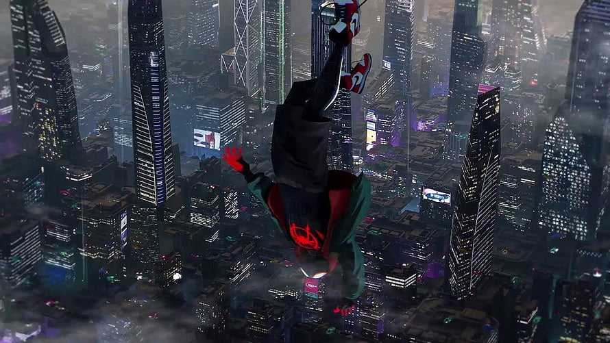 Miles Morales Spider-Man Swinging Over a Rainy Night Cityscape, Spider Man Miles Morales Live HD wallpaper