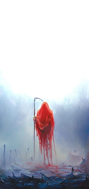 Lorna Shore Nothingness Album Artwork Red Hooded Figure with Scythe in Misty Landscape HD phone wallpaper