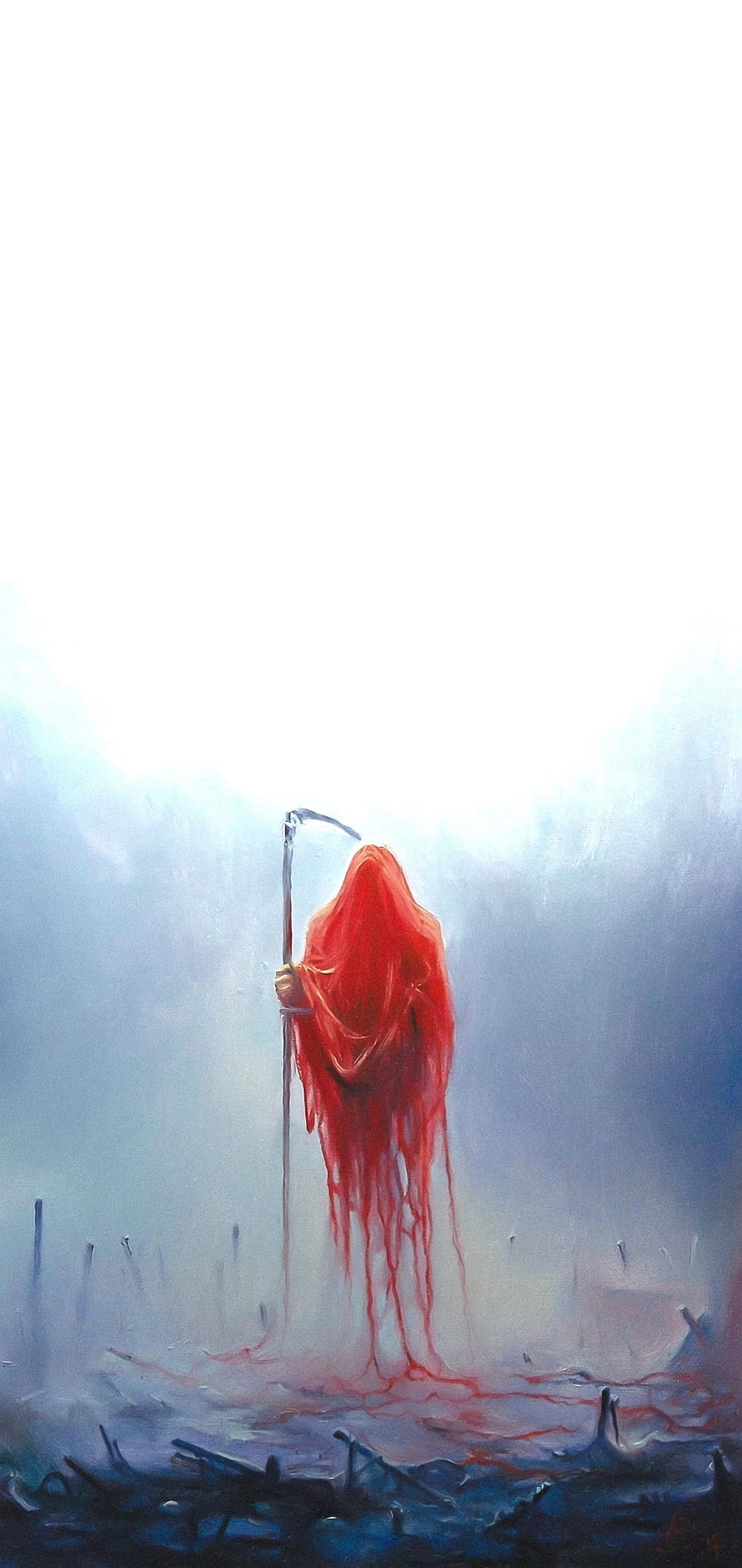 Lorna Shore Nothingness Album Artwork Red Hooded Figure with Scythe in Misty Landscape HD phone wallpaper