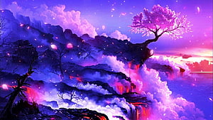 Vibrant Cherry Blossom Tree on Misty Cliffs with Lava Waterfalls and Purple Sky HD wallpaper