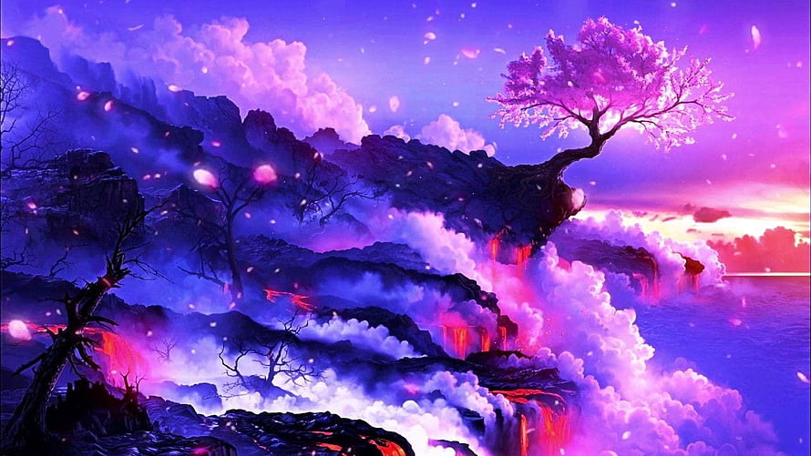 Vibrant Cherry Blossom Tree on Misty Cliffs with Lava Waterfalls and Purple Sky HD wallpaper
