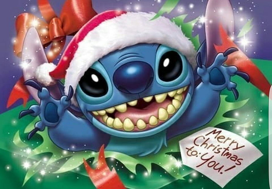 Stitch Wearing Santa Hat on Christmas Tree with Merry Christmas Greeting Card HD wallpaper