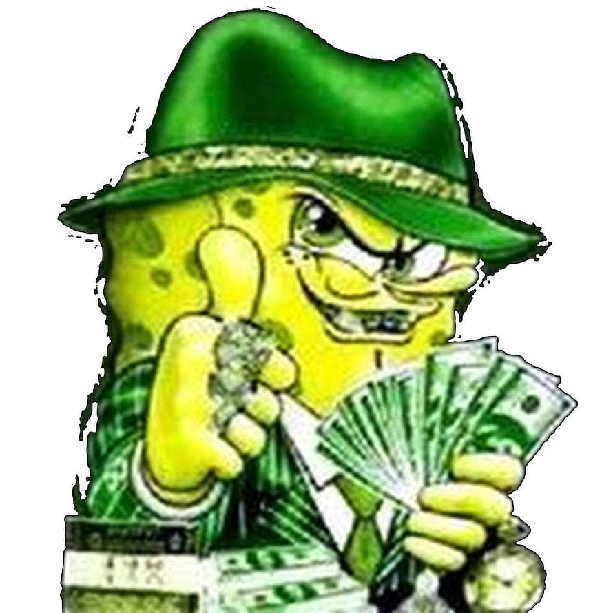 Gangster SpongeBob SquarePants in Green Fedora Holding Cash and Gold Chain HD phone wallpaper