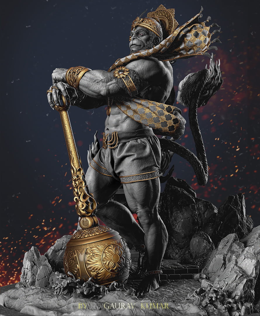 Hanuman Statue Sculpture with Mace and Golden Crown on Rocky Base HD phone wallpaper