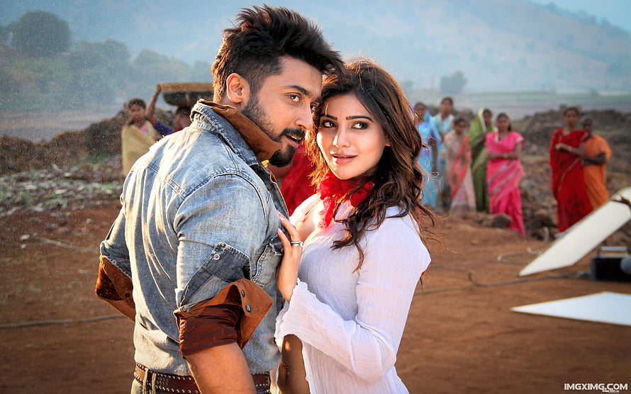 Surya and Samantha in Anjaan film still with rural village backdrop HD wallpaper