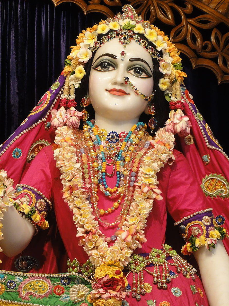 Srimati Radharani deity adorned in vibrant pink attire with floral garlands and ornate jewelry HD phone wallpaper