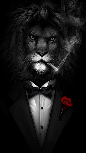 Gentleman Lion in Tuxedo Smoking Cigar with Red Rose, Lion in a black suit， very cool live !, gentleman HD phone wallpaper