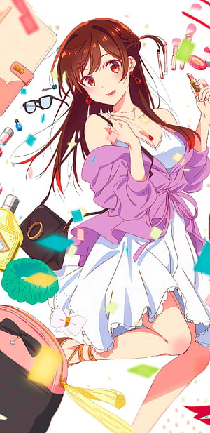 Chizuru Mizuhara Anime Girl Surrounded by Beauty Products and Accessories HD phone wallpaper
