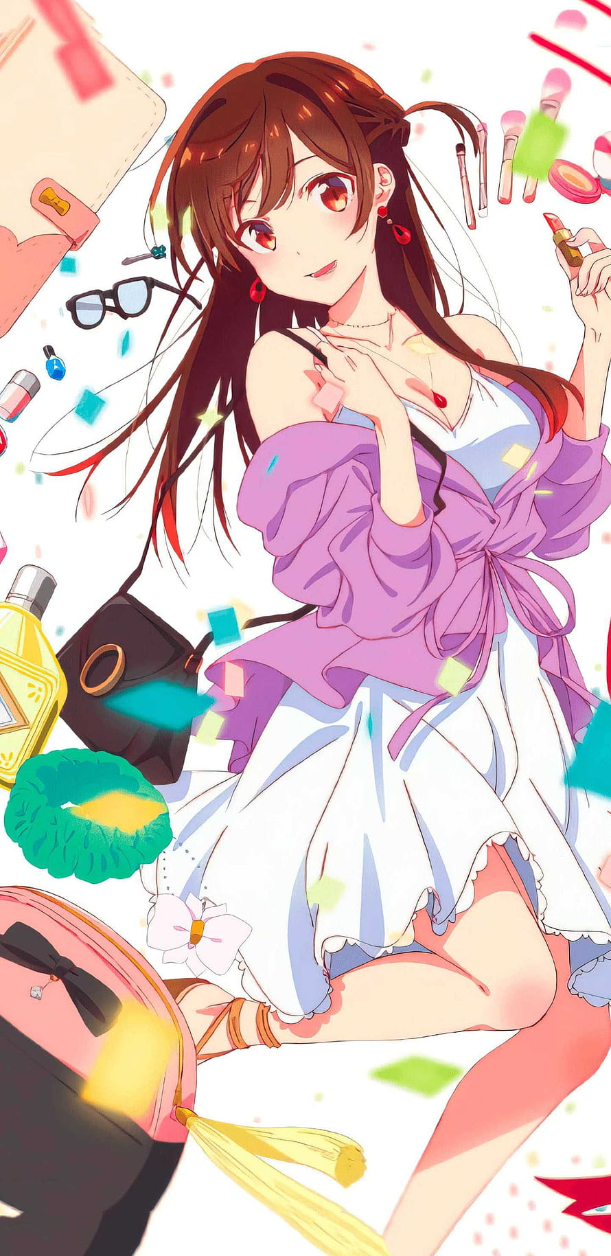 Chizuru Mizuhara Anime Girl Surrounded by Beauty Products and Accessories HD phone wallpaper
