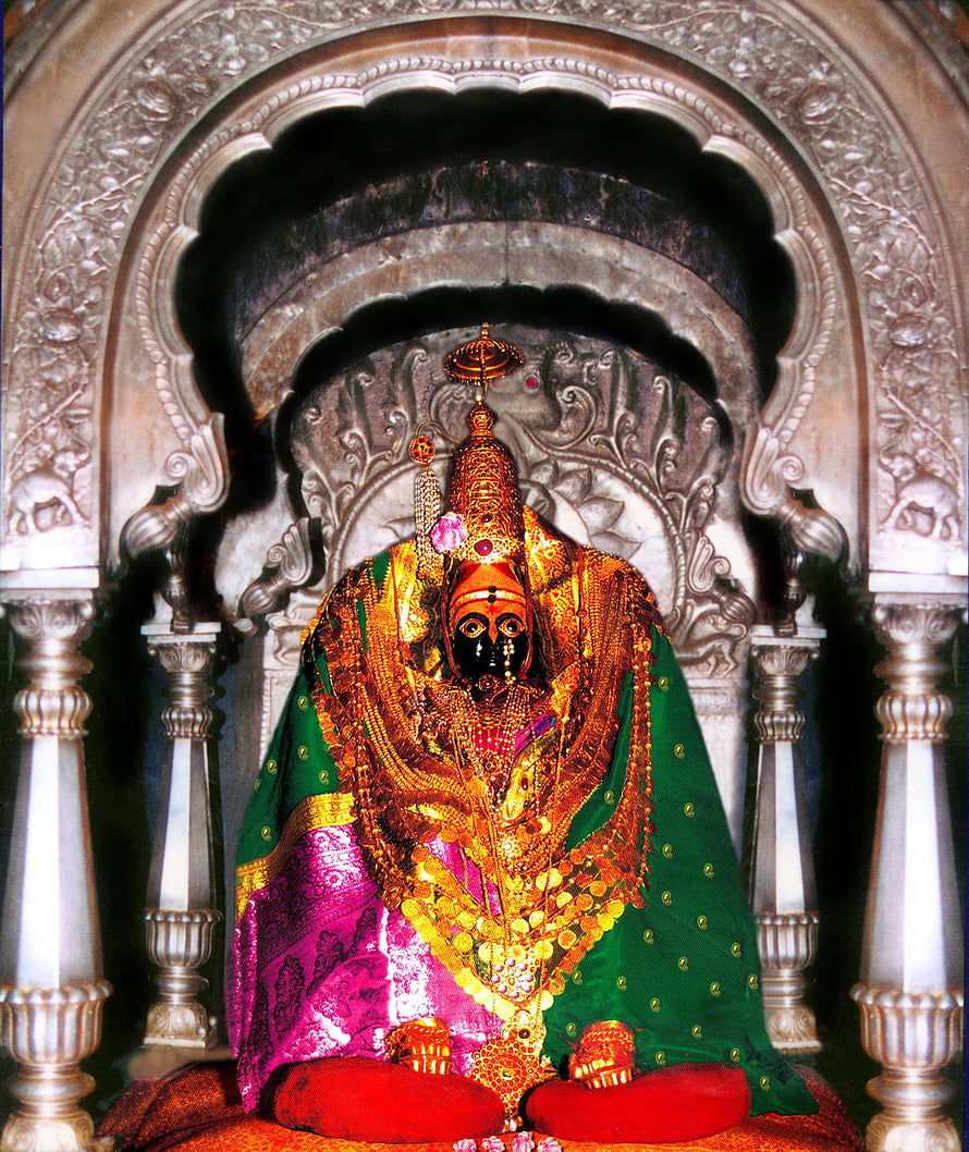 Tulja Bhavani Murti Adorned in Gold and Silk Within Ornate Temple Sanctum HD phone wallpaper