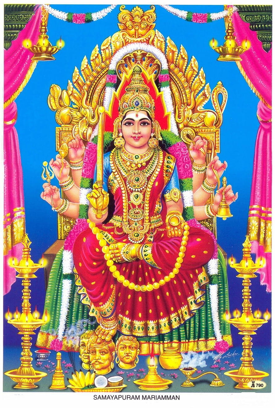 Samayapuram Mariamman Deity Painting with Golden Ornaments and Oil Lamps HD phone wallpaper
