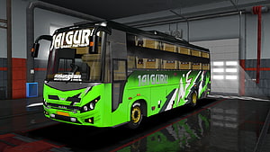 Jai Guru Jinn Bus Simulator Livery: Green and Black Coach in Garage HD wallpaper