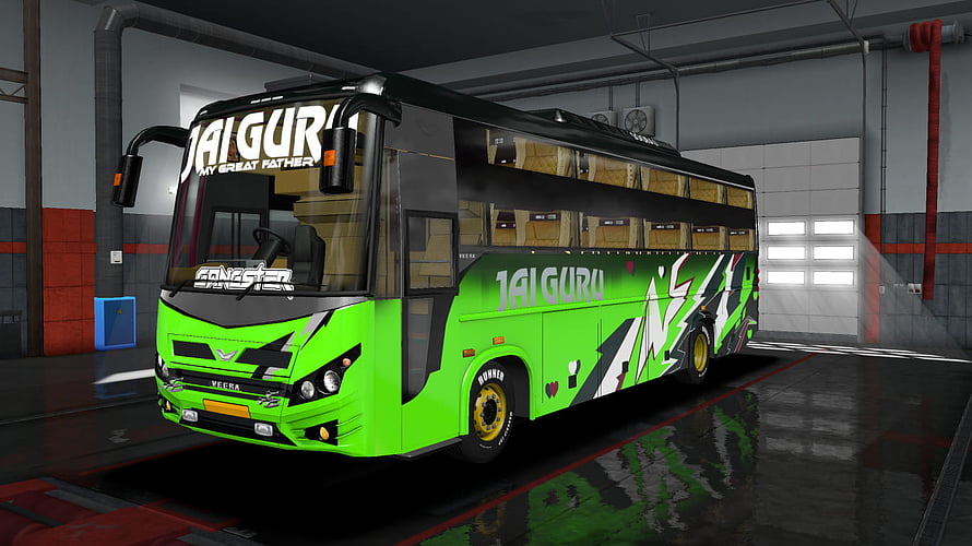 Jai Guru Jinn Bus Simulator Livery: Green and Black Coach in Garage HD wallpaper