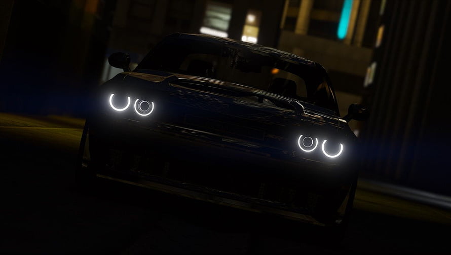 Dodge Challenger Demon SRT Night Drive with Glowing LED Headlights in Urban Setting HD wallpaper