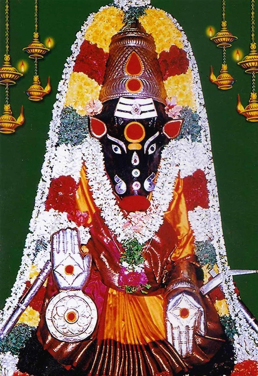 Varahi Devi adorned in vibrant floral garlands and traditional temple ornaments HD phone wallpaper