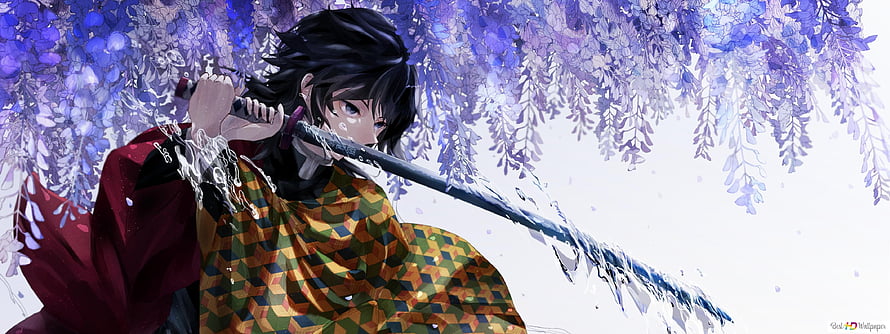 Demon Slayer Tanjiro Kamado Water Breathing Sword Art Under Wisteria Blossoms HD wallpaper