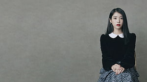 IU Studio Portrait in Black Velvet Top and Floral Skirt Against Grey Background HD wallpaper