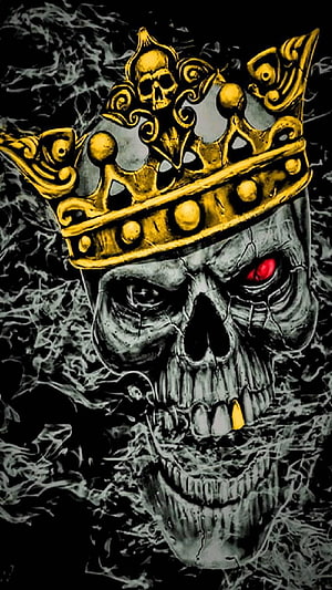 Skull King with Golden Crown and Glowing Red Eye in Dark Smoke HD phone wallpaper