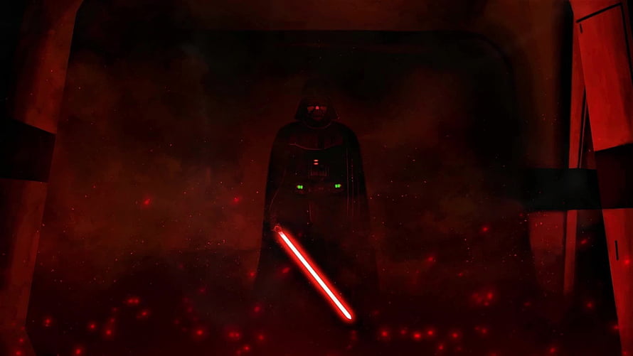Darth Vader Standing in Dark Corridor with Red Lightsaber HD wallpaper