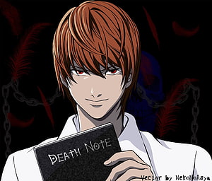 Light Yagami Holding Death Note with Red Eyes and Dark Skull Background HD wallpaper
