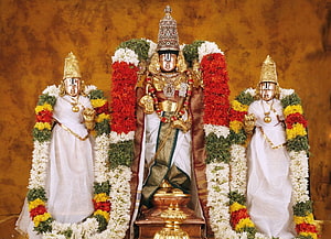 Venkatesa Perumal Temple Deity Adorned With Flower Garlands And Golden Crown HD wallpaper