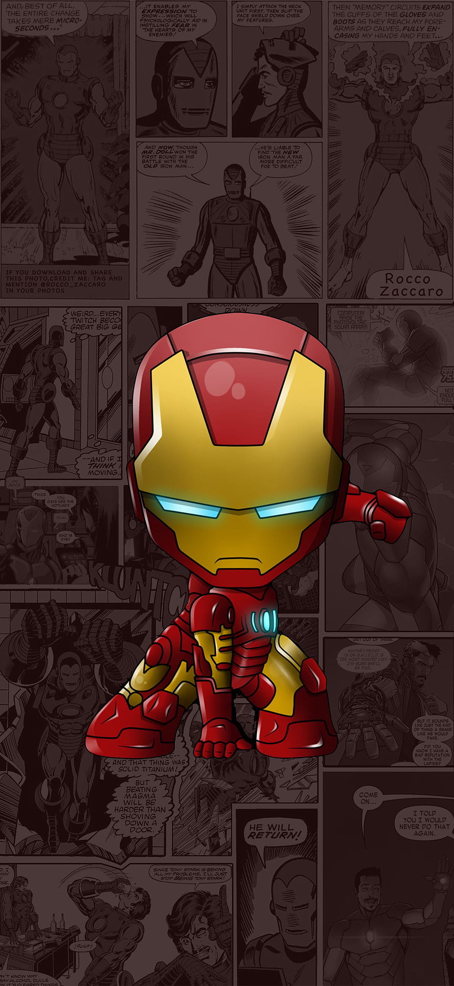 Cute Chibi Iron Man Character with Glowing Eyes on Comic Book Panel Background HD phone wallpaper