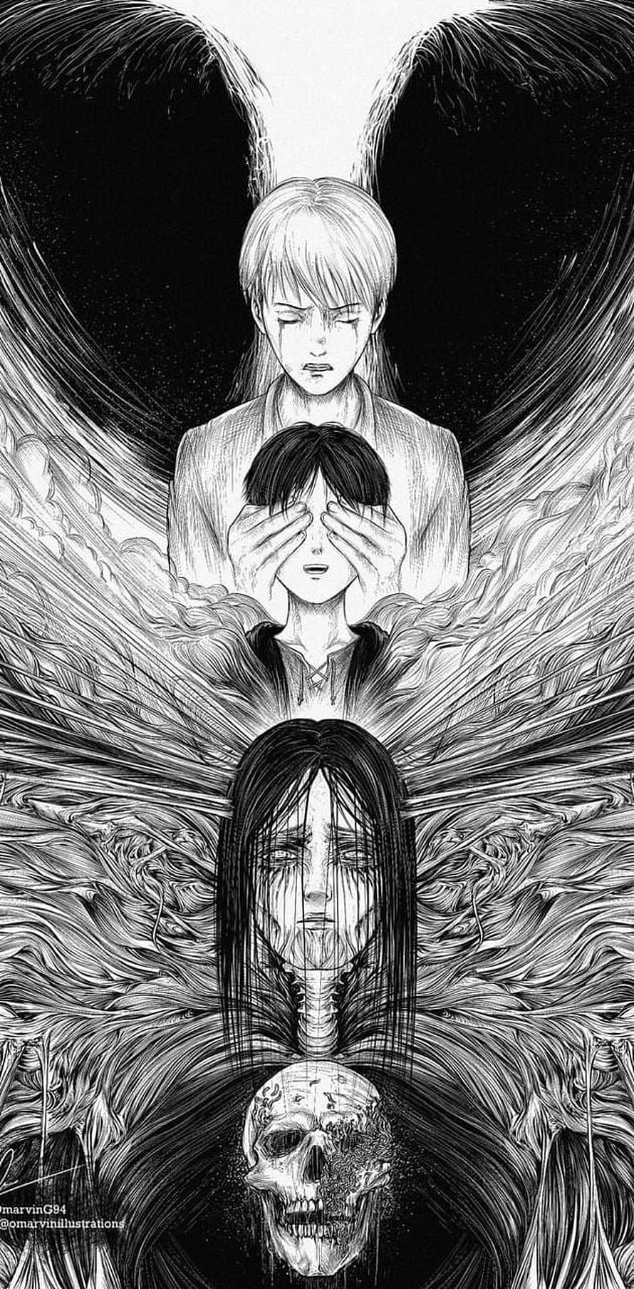 Eren Yeager and the Founding Titan in a Dark Manga Style Illustration HD phone wallpaper